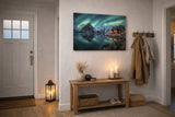 Nordlys plakat fra Lofoten med speiling i vann