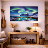 Nordlys over Senja lerret i entré med nordisk interiør