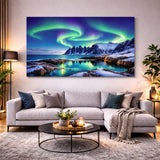 Nordlys Senja veggkunst hengende over sofa i moderne norsk stue